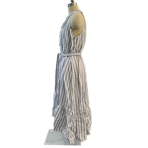 Heidi Klein Women’s Sardinia Frill Belted Midi Dress Linen Size Small Blue White - Picture 4 of 12